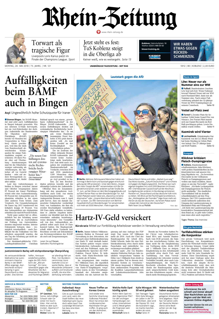 Rhein-Zeitung Koblenz & Region vom Montag, 28.05.2018