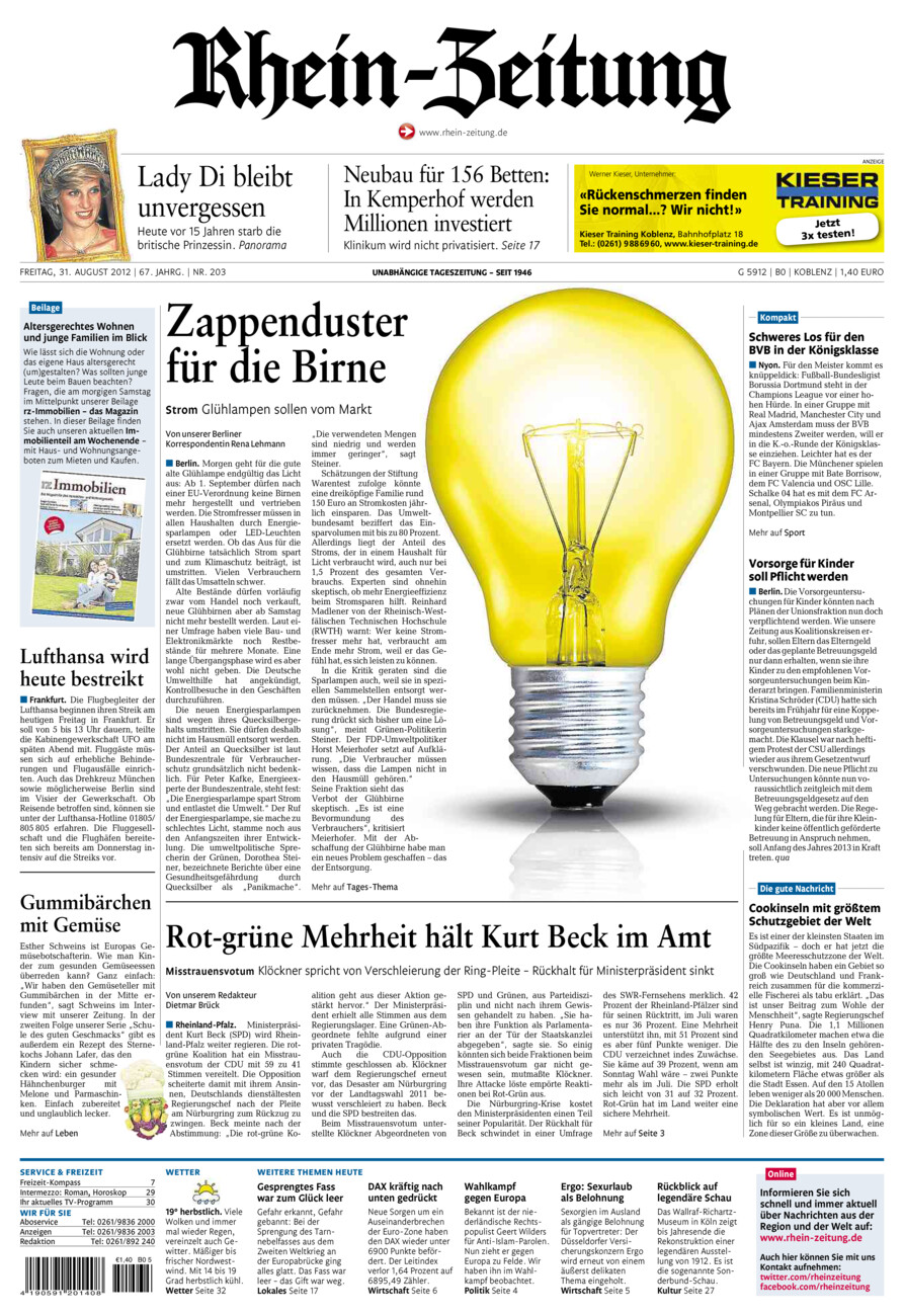 Rhein-Zeitung Koblenz & Region vom Freitag, 31.08.2012