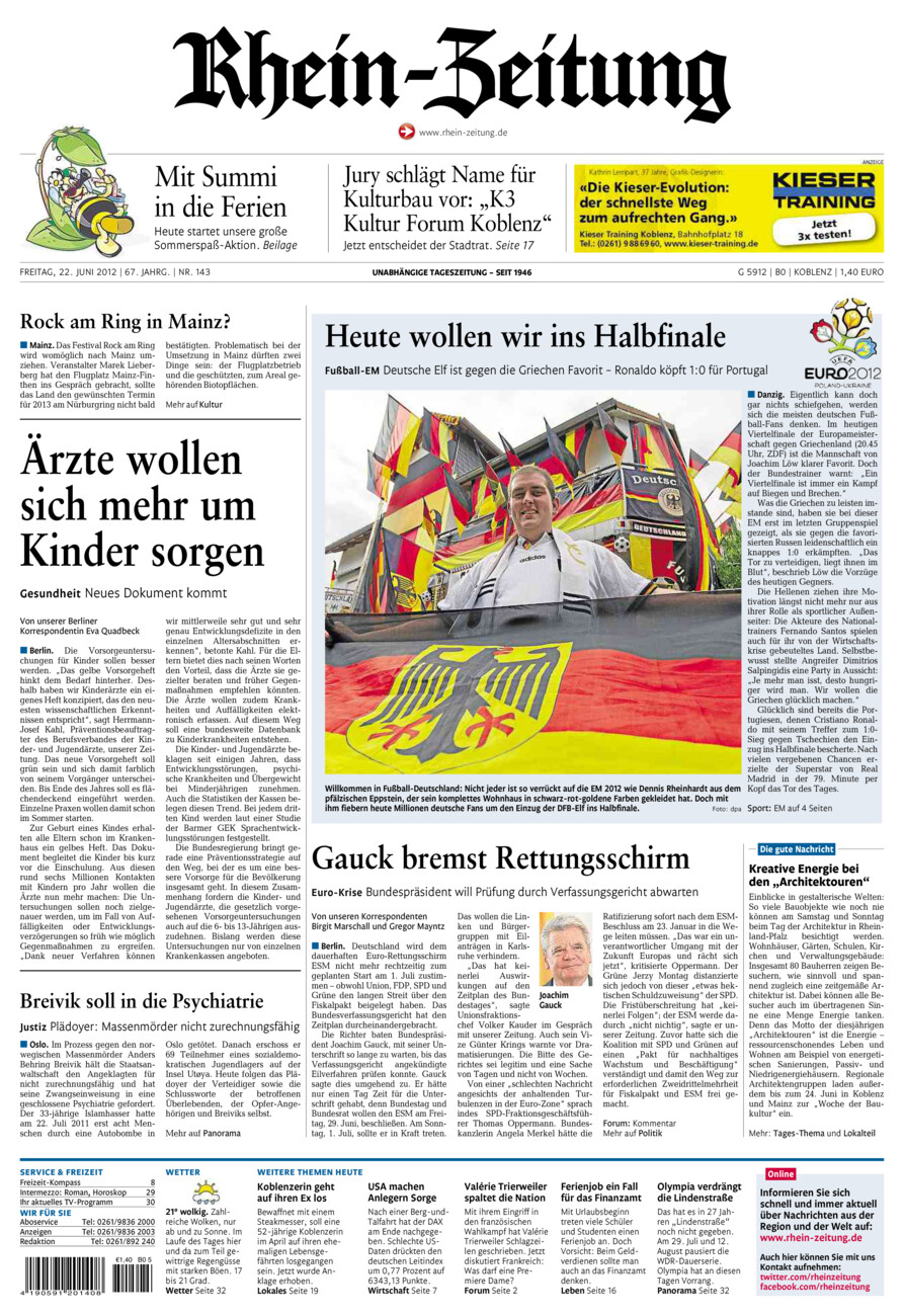 Rhein-Zeitung Koblenz & Region vom Freitag, 22.06.2012