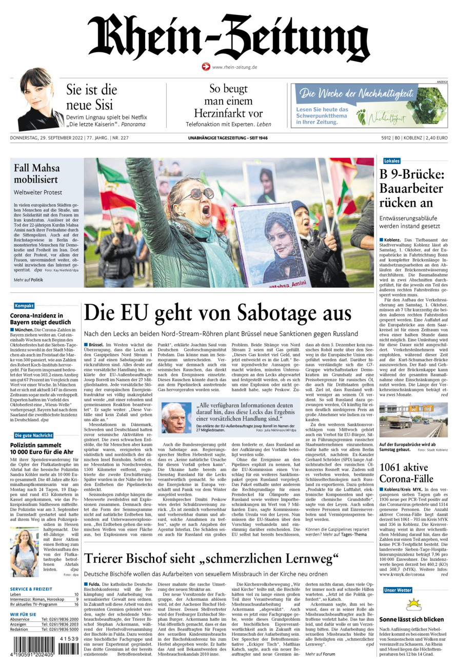 Rhein-Zeitung Koblenz & Region vom Donnerstag, 29.09.2022