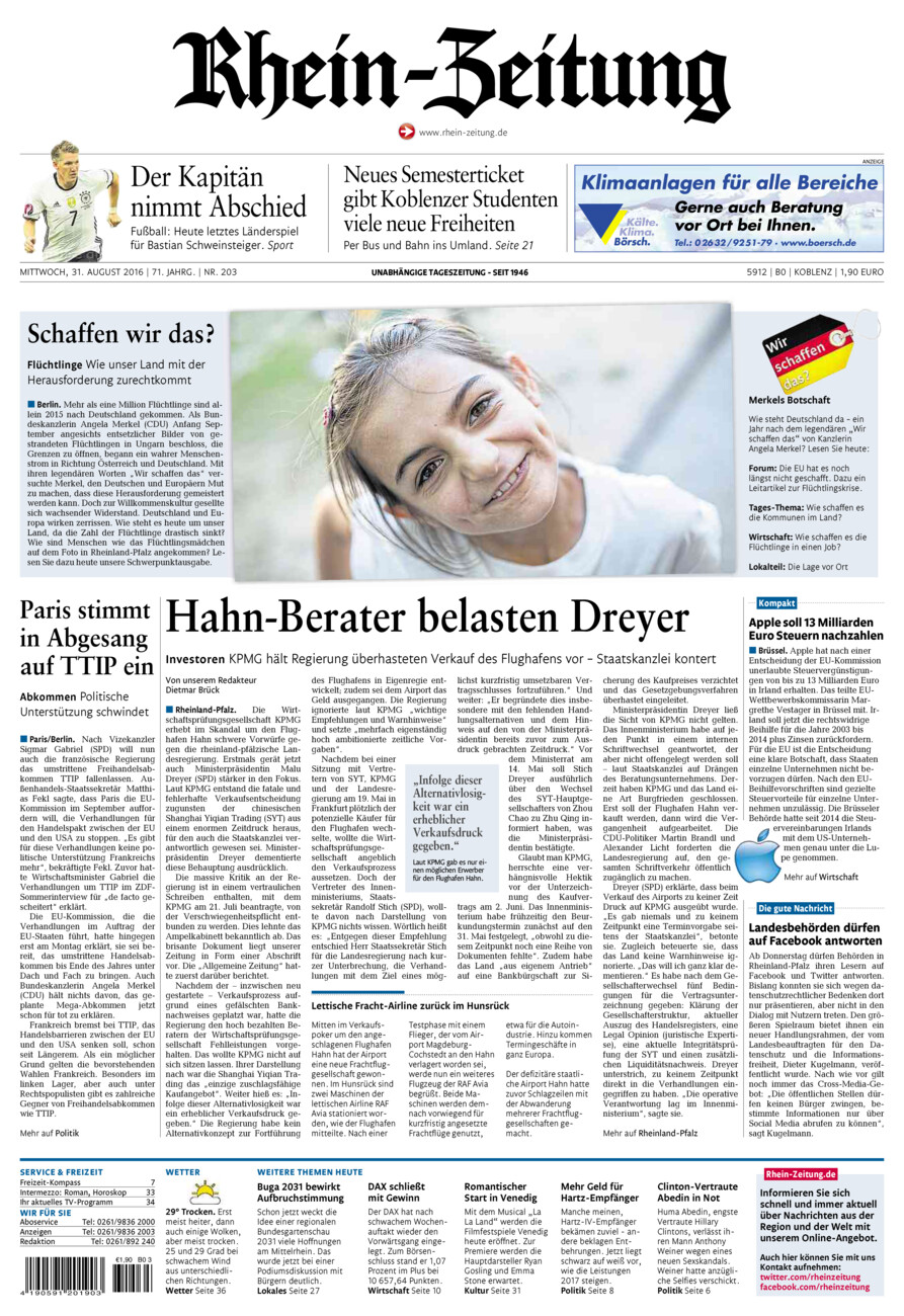 Rhein-Zeitung Koblenz & Region vom Mittwoch, 31.08.2016