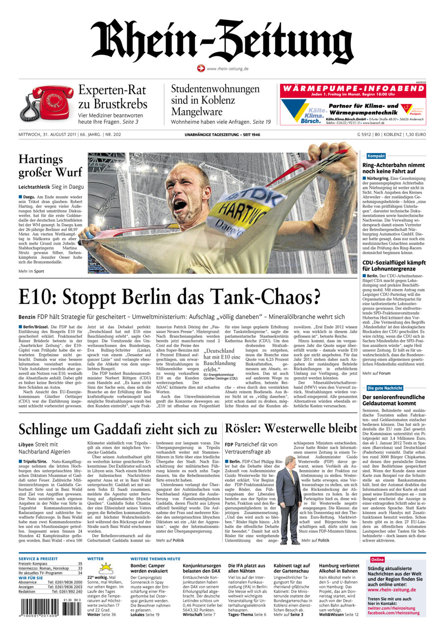 Rhein-Zeitung Koblenz & Region vom Mittwoch, 31.08.2011