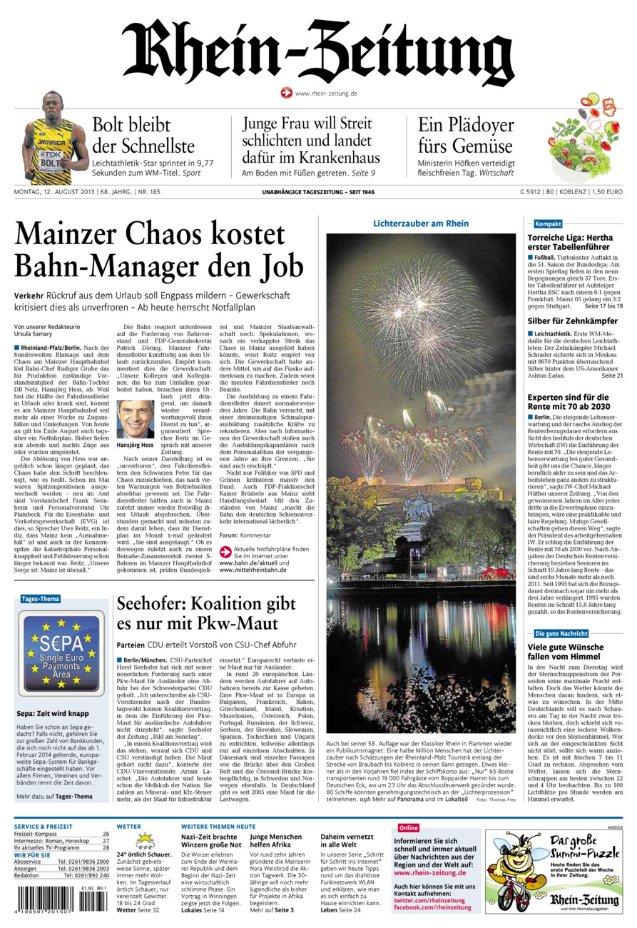 Rhein-Zeitung Koblenz & Region vom Montag, 12.08.2013