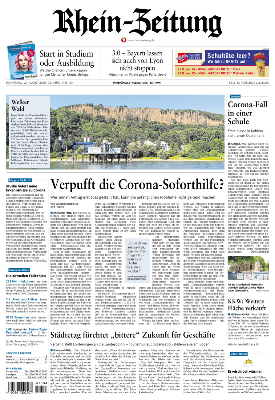Rhein-Zeitung Koblenz & Region vom Donnerstag, 20.08.2020