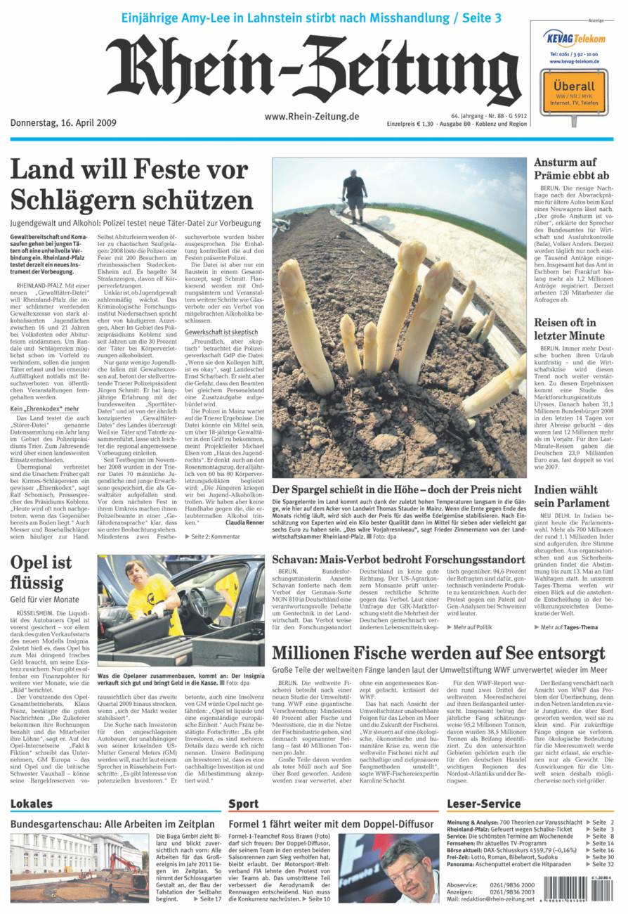 Rhein-Zeitung Koblenz & Region vom Donnerstag, 16.04.2009