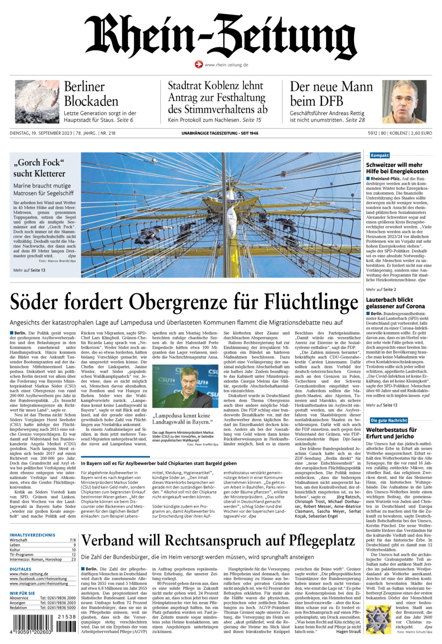Rhein-Zeitung Koblenz & Region vom Dienstag, 19.09.2023