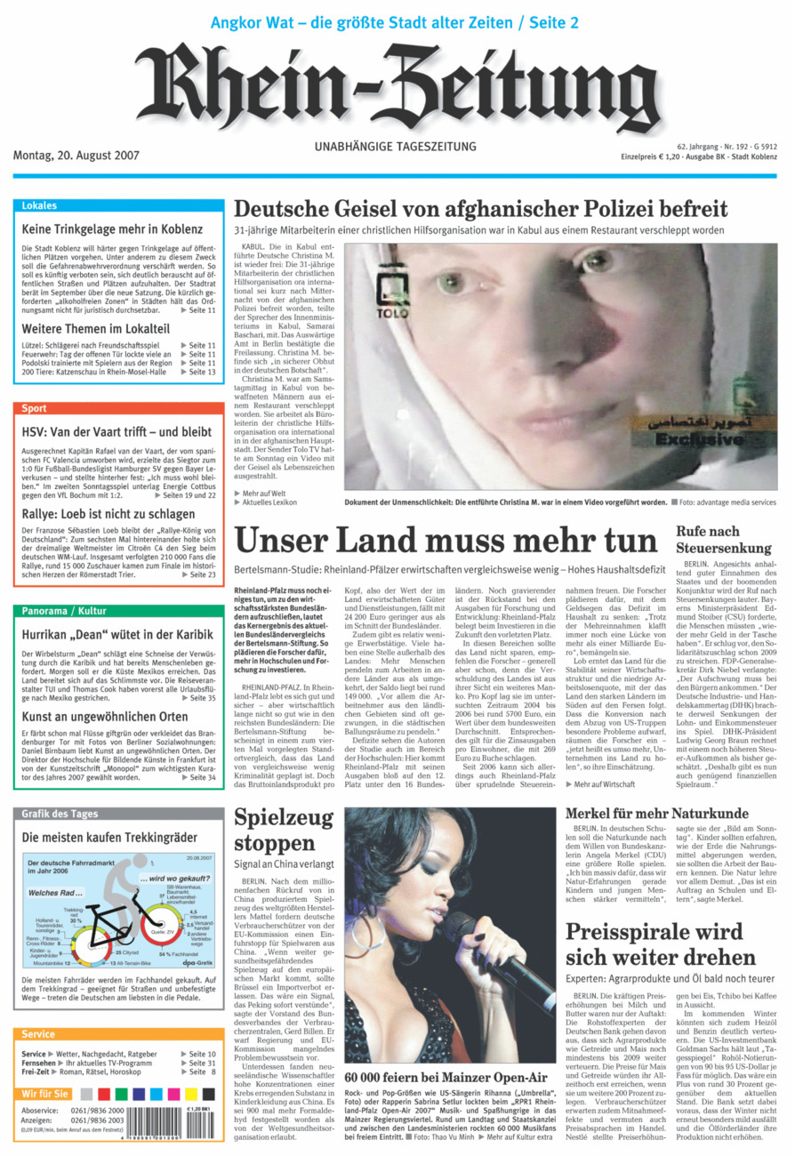 Rhein-Zeitung Koblenz & Region vom Montag, 20.08.2007