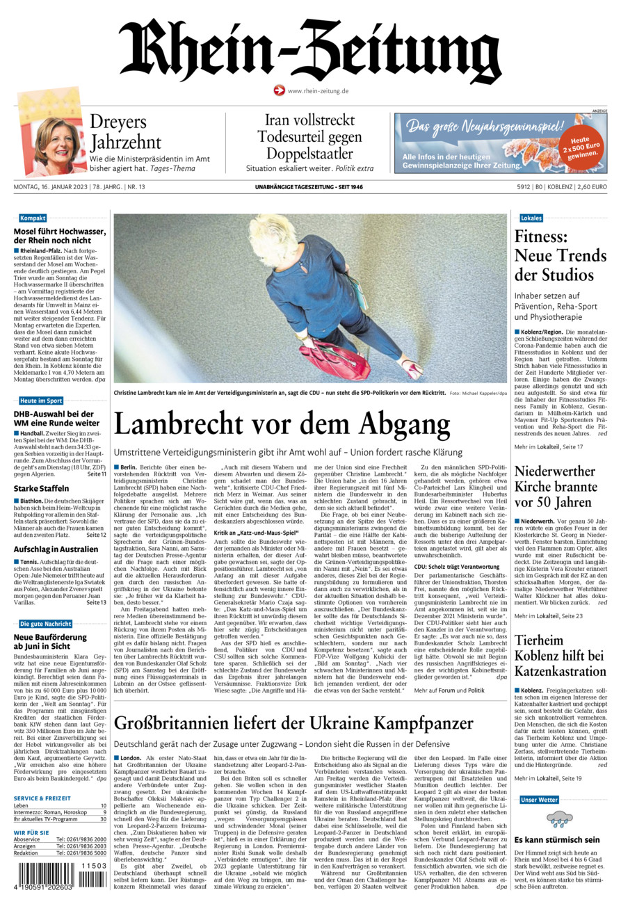 Rhein-Zeitung Koblenz & Region vom Montag, 16.01.2023