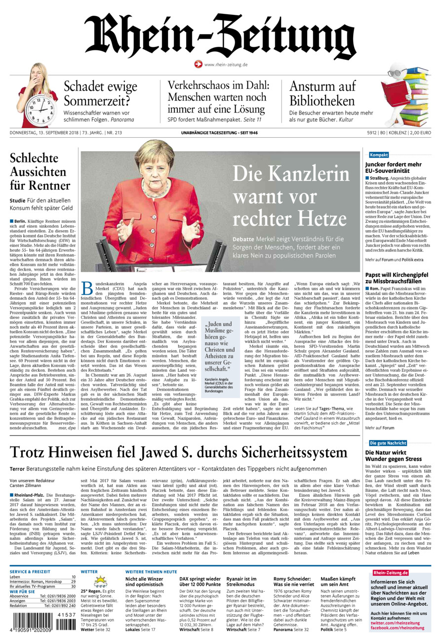 Rhein-Zeitung Koblenz & Region vom Donnerstag, 13.09.2018