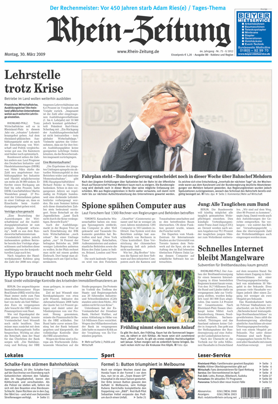 Rhein-Zeitung Koblenz & Region vom Montag, 30.03.2009