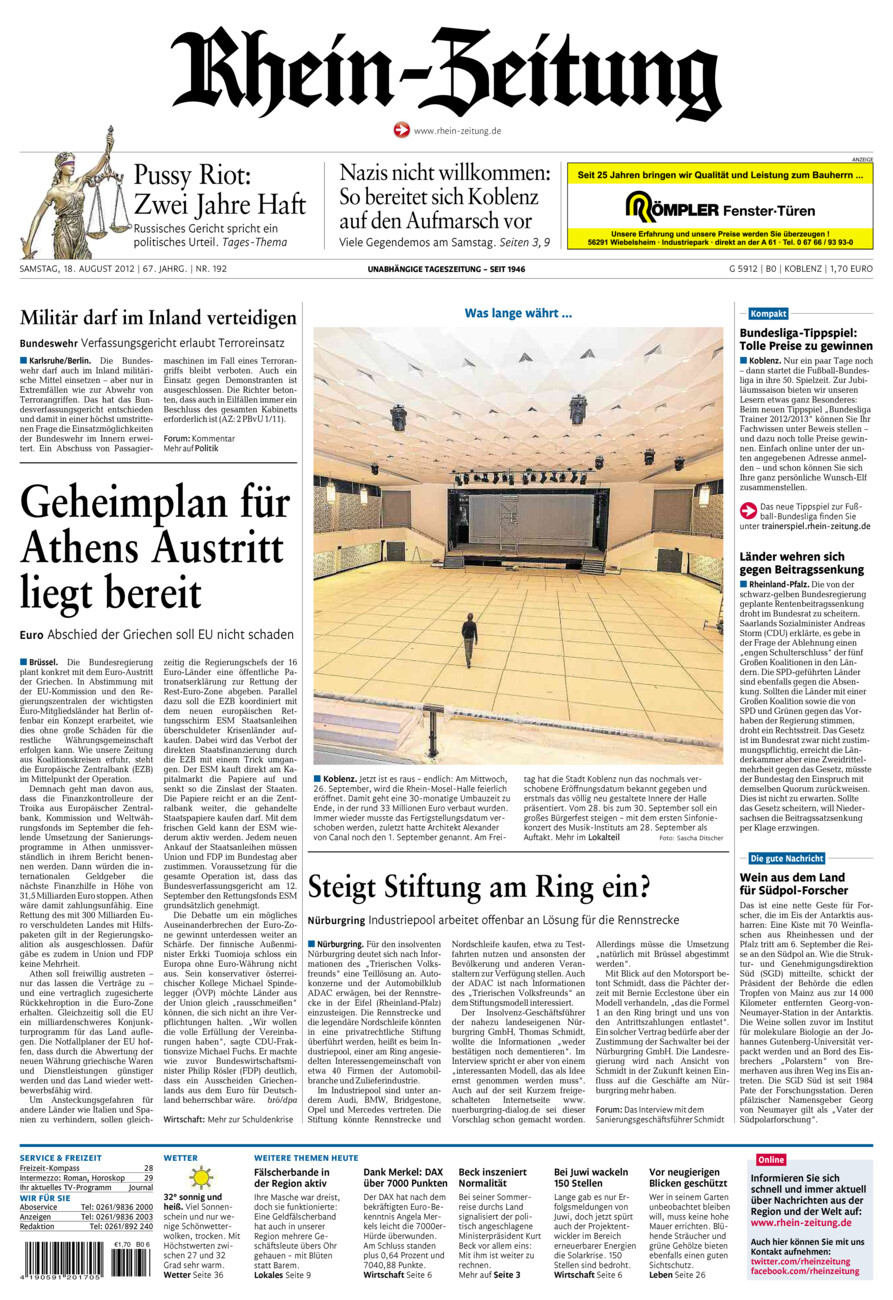 Rhein-Zeitung Koblenz & Region vom Samstag, 18.08.2012