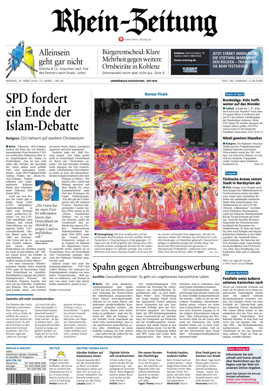 Rhein-Zeitung Koblenz & Region vom Montag, 19.03.2018