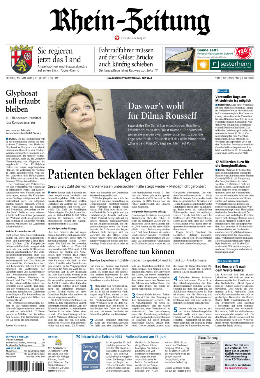 Rhein-Zeitung Koblenz & Region vom Freitag, 13.05.2016