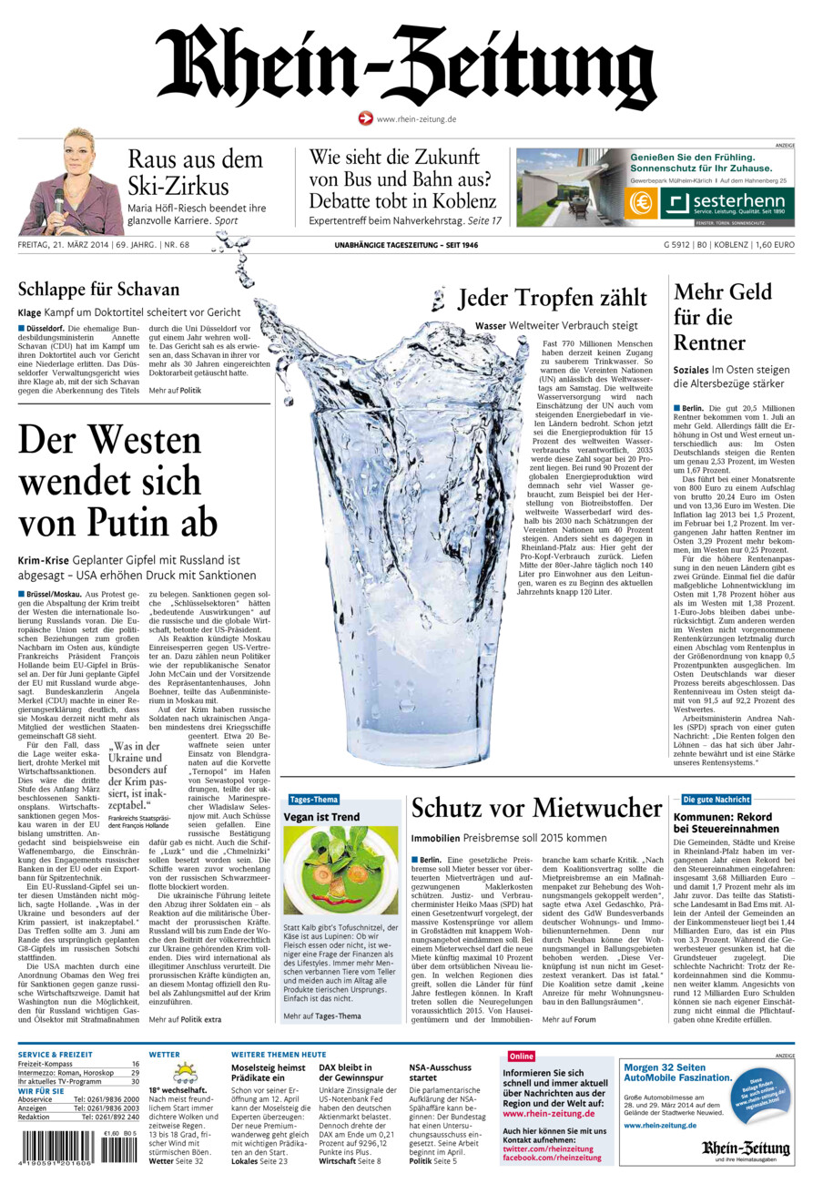 Rhein-Zeitung Koblenz & Region vom Freitag, 21.03.2014