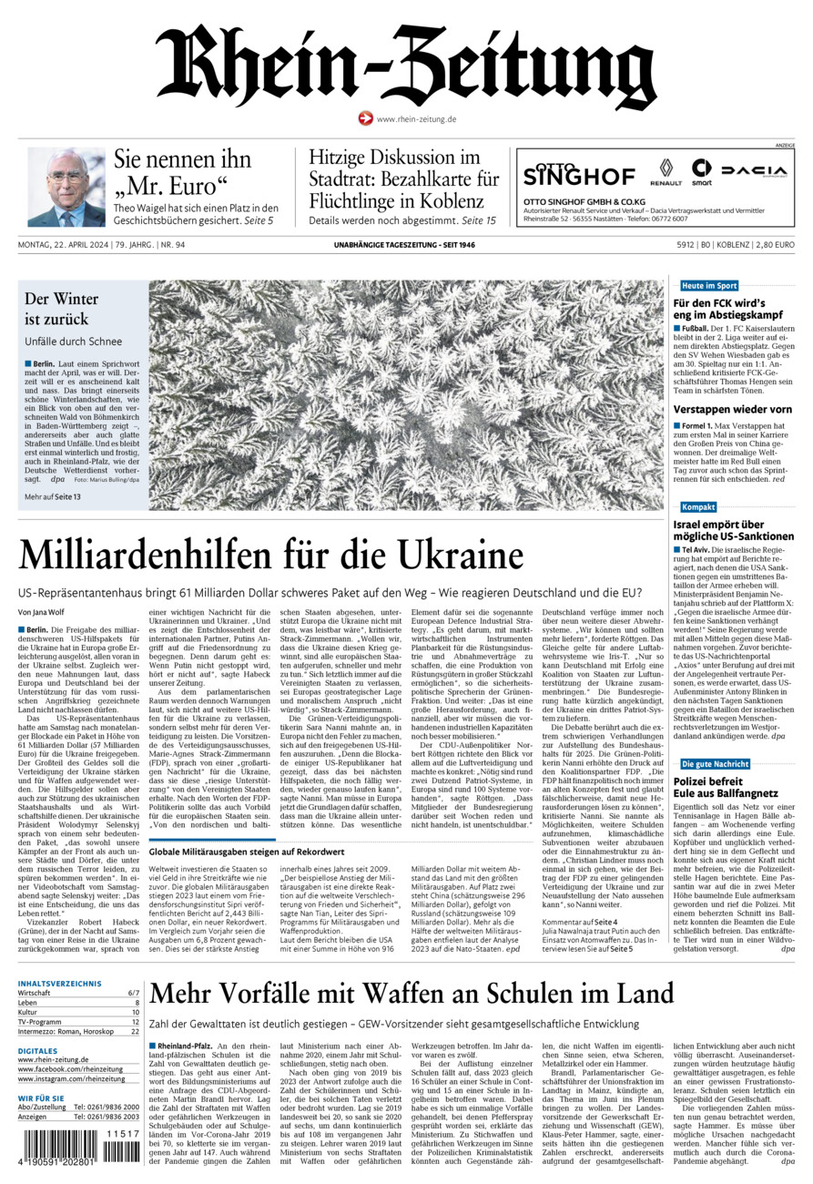 Rhein-Zeitung Koblenz & Region vom Montag, 22.04.2024
