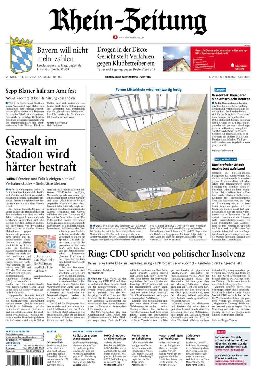 Rhein-Zeitung Koblenz & Region vom Mittwoch, 18.07.2012