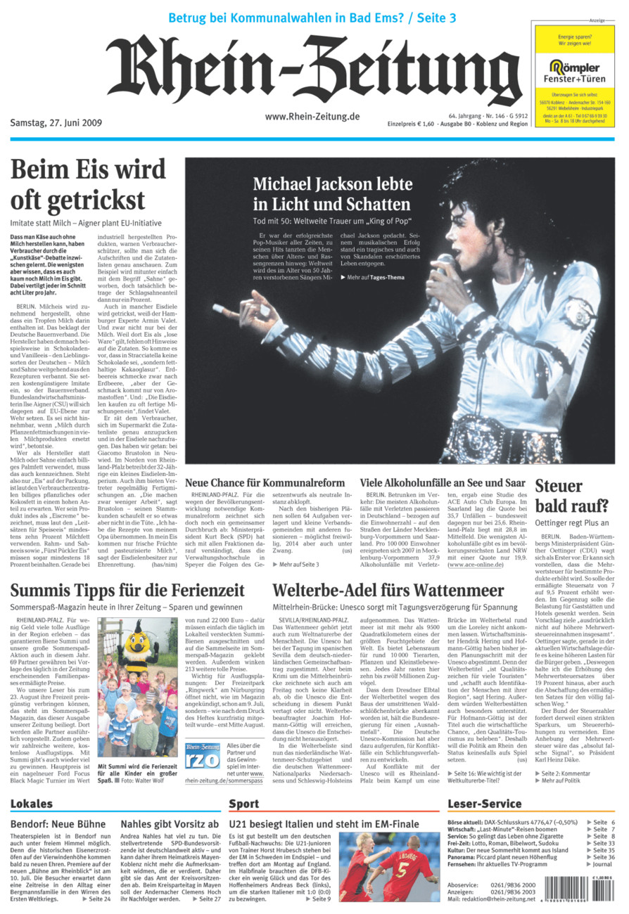 Rhein-Zeitung Koblenz & Region vom Samstag, 27.06.2009