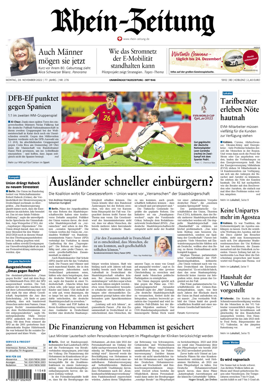 Rhein-Zeitung Koblenz & Region vom Montag, 28.11.2022