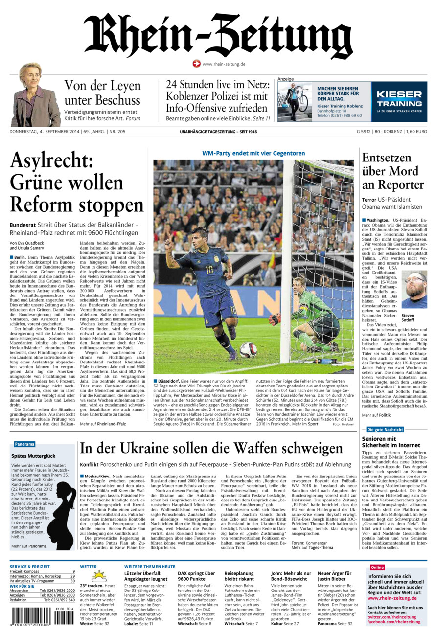Rhein-Zeitung Koblenz & Region vom Donnerstag, 04.09.2014