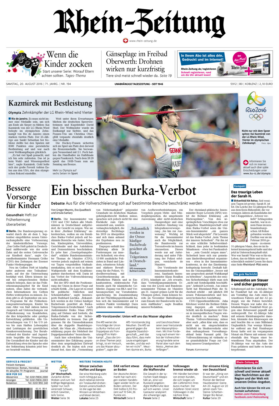 Rhein-Zeitung Koblenz & Region vom Samstag, 20.08.2016