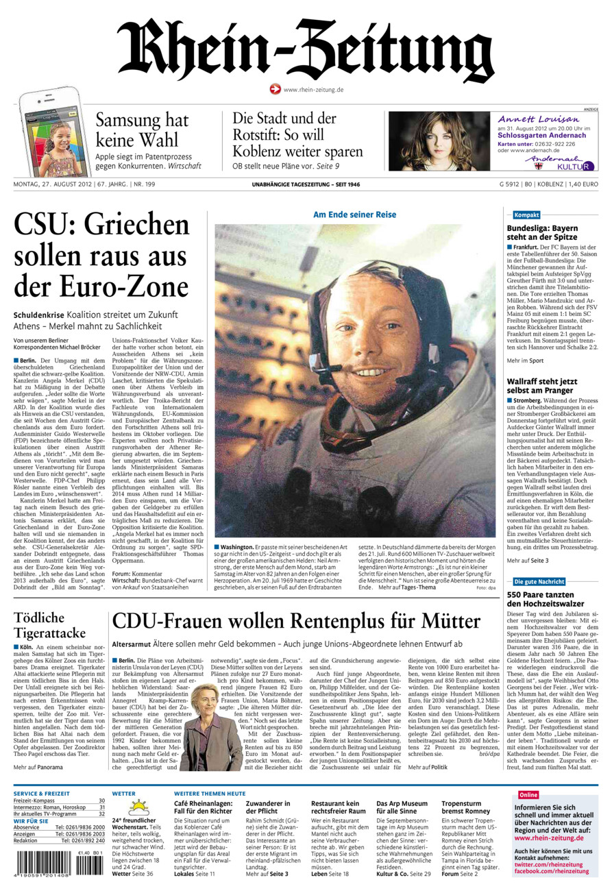 Rhein-Zeitung Koblenz & Region vom Montag, 27.08.2012