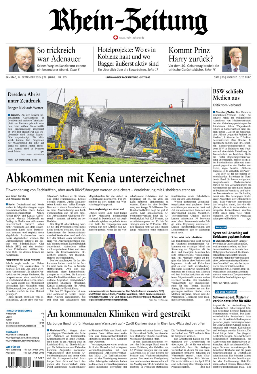 Rhein-Zeitung Koblenz & Region vom Samstag, 14.09.2024