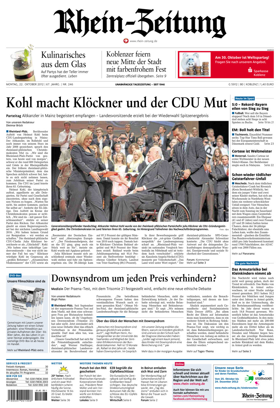 Rhein-Zeitung Koblenz & Region vom Montag, 22.10.2012
