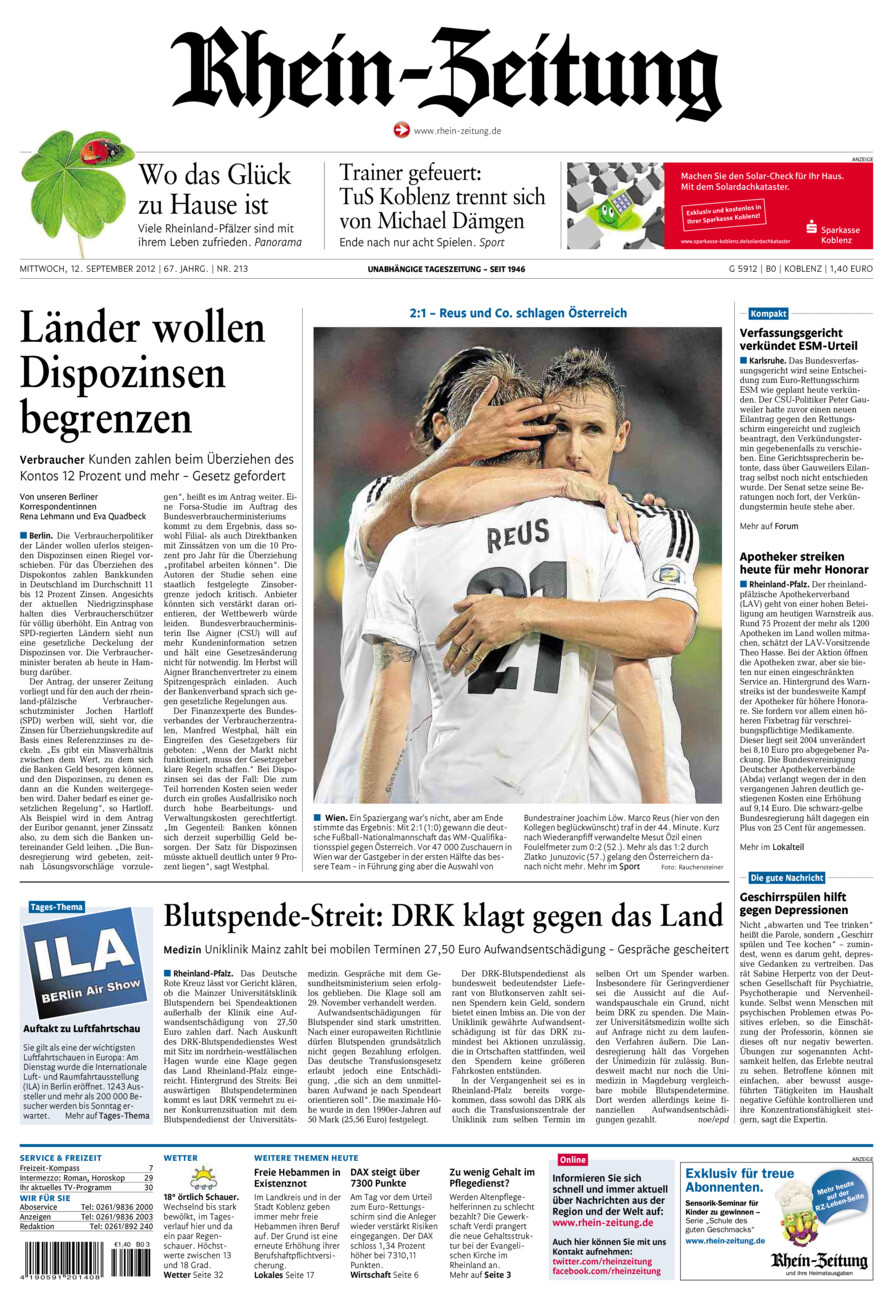 Rhein-Zeitung Koblenz & Region vom Mittwoch, 12.09.2012