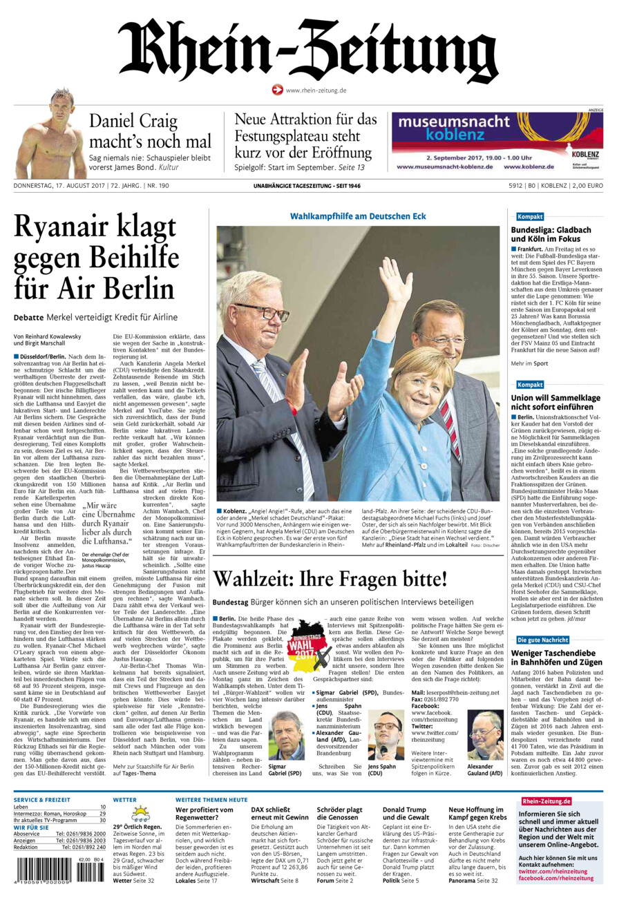Rhein-Zeitung Koblenz & Region vom Donnerstag, 17.08.2017