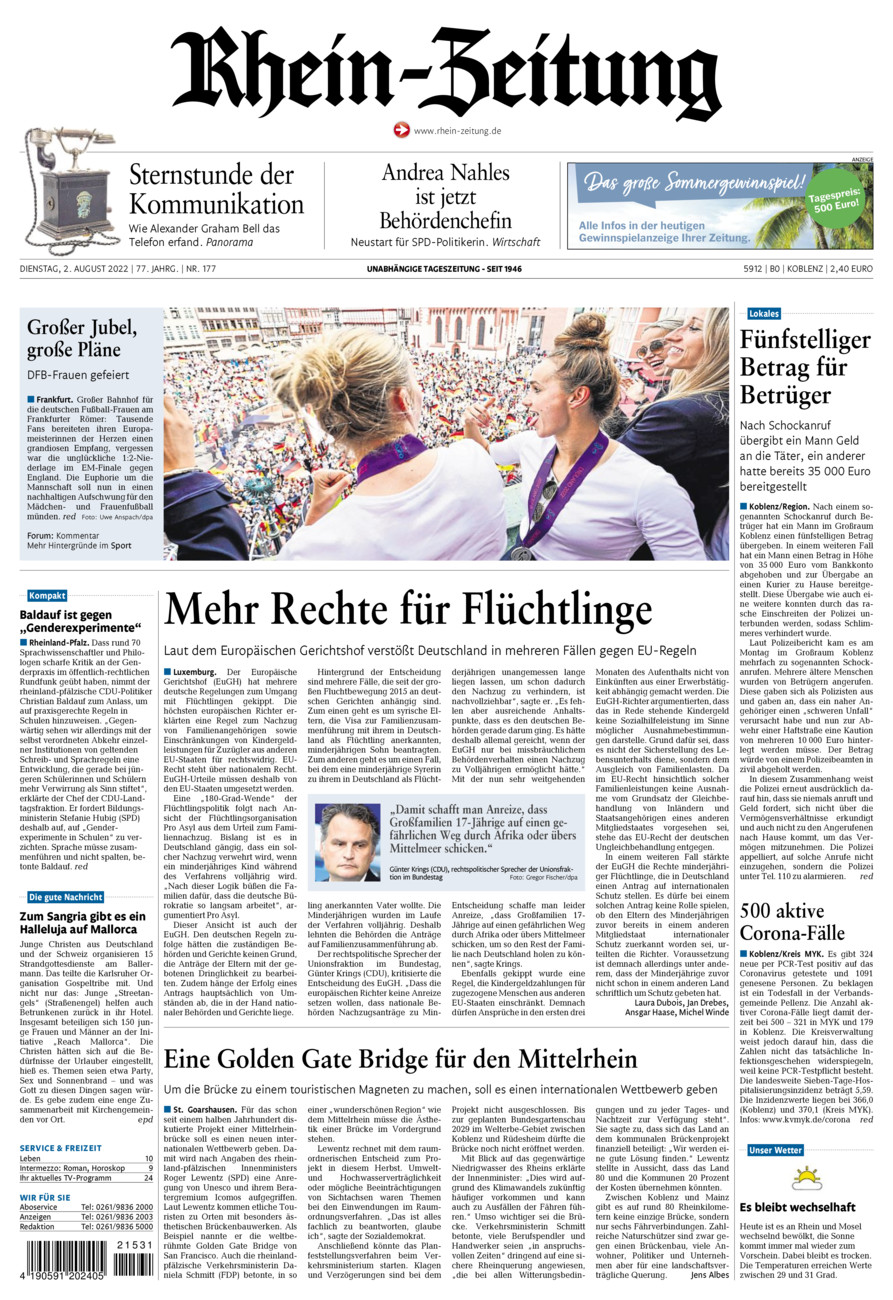 Rhein-Zeitung Koblenz & Region vom Dienstag, 02.08.2022