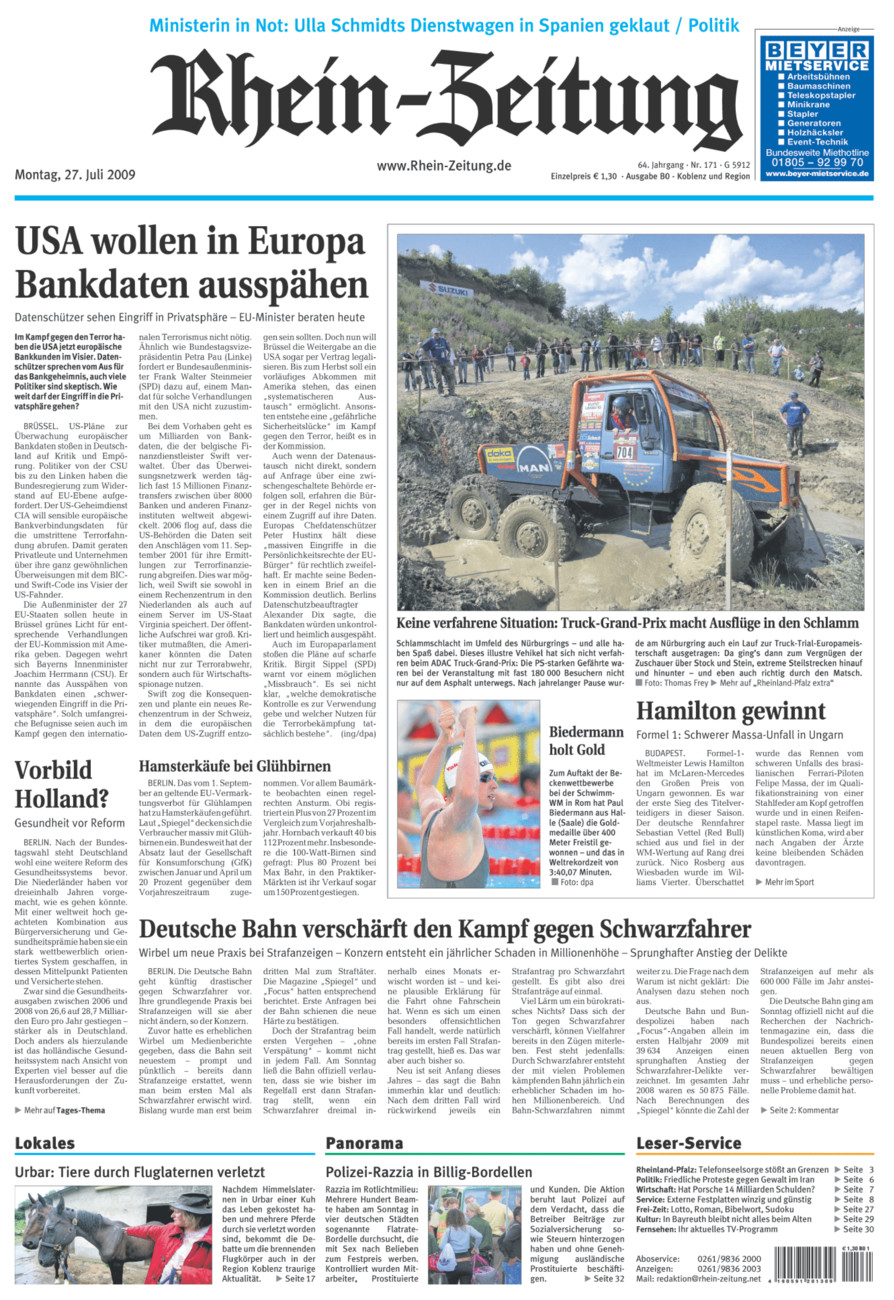 Rhein-Zeitung Koblenz & Region vom Montag, 27.07.2009