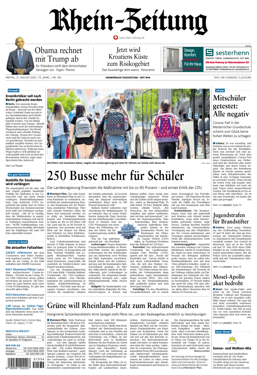 Rhein-Zeitung Koblenz & Region vom Freitag, 21.08.2020