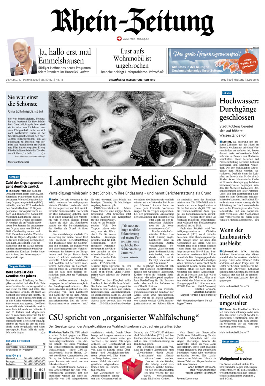 Rhein-Zeitung Koblenz & Region vom Dienstag, 17.01.2023