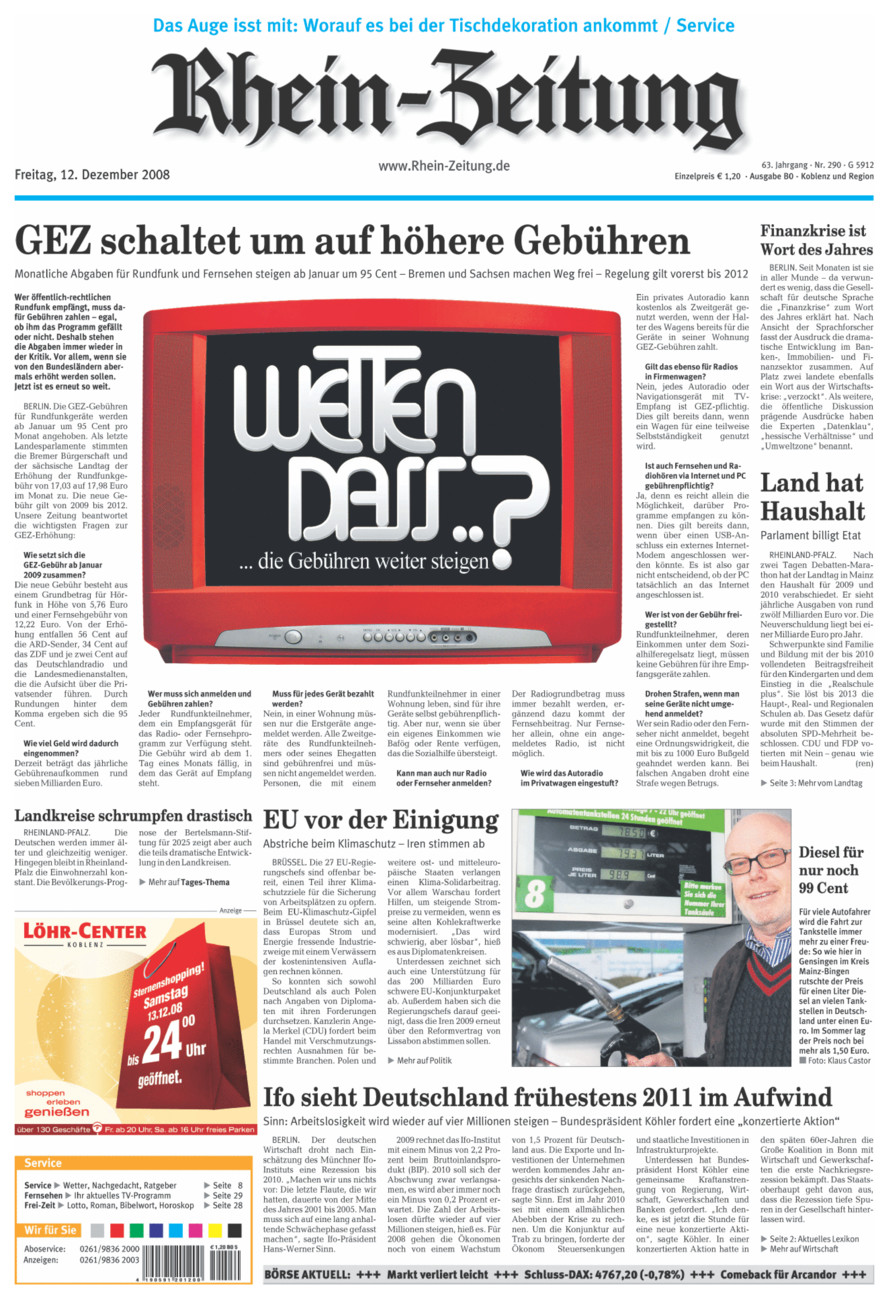 Rhein-Zeitung Koblenz & Region vom Freitag, 12.12.2008