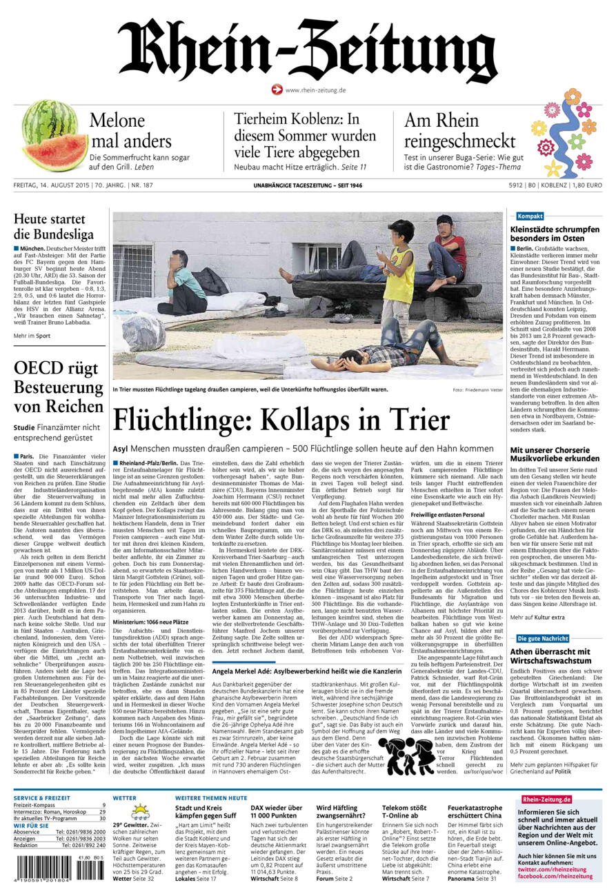 Rhein-Zeitung Koblenz & Region vom Freitag, 14.08.2015