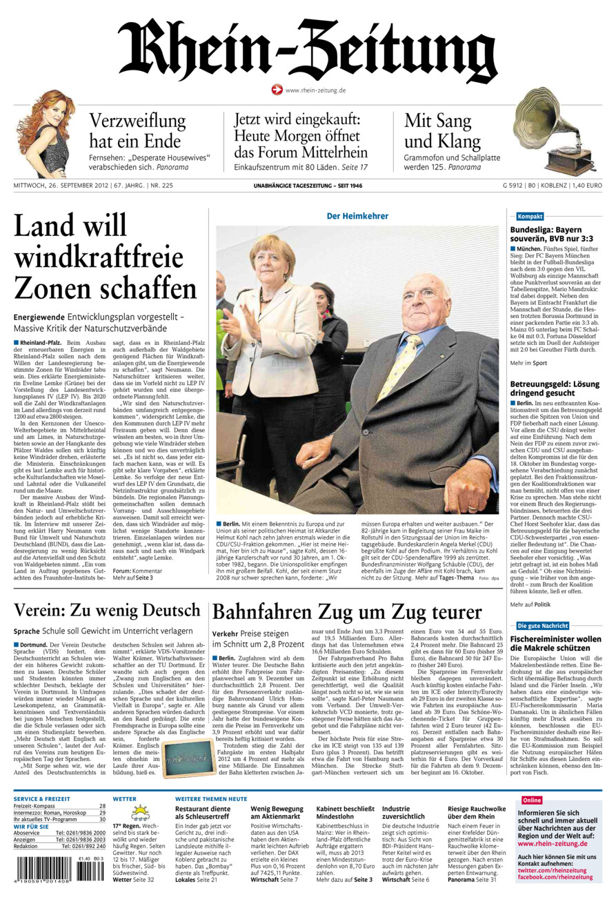 Rhein-Zeitung Koblenz & Region vom Mittwoch, 26.09.2012