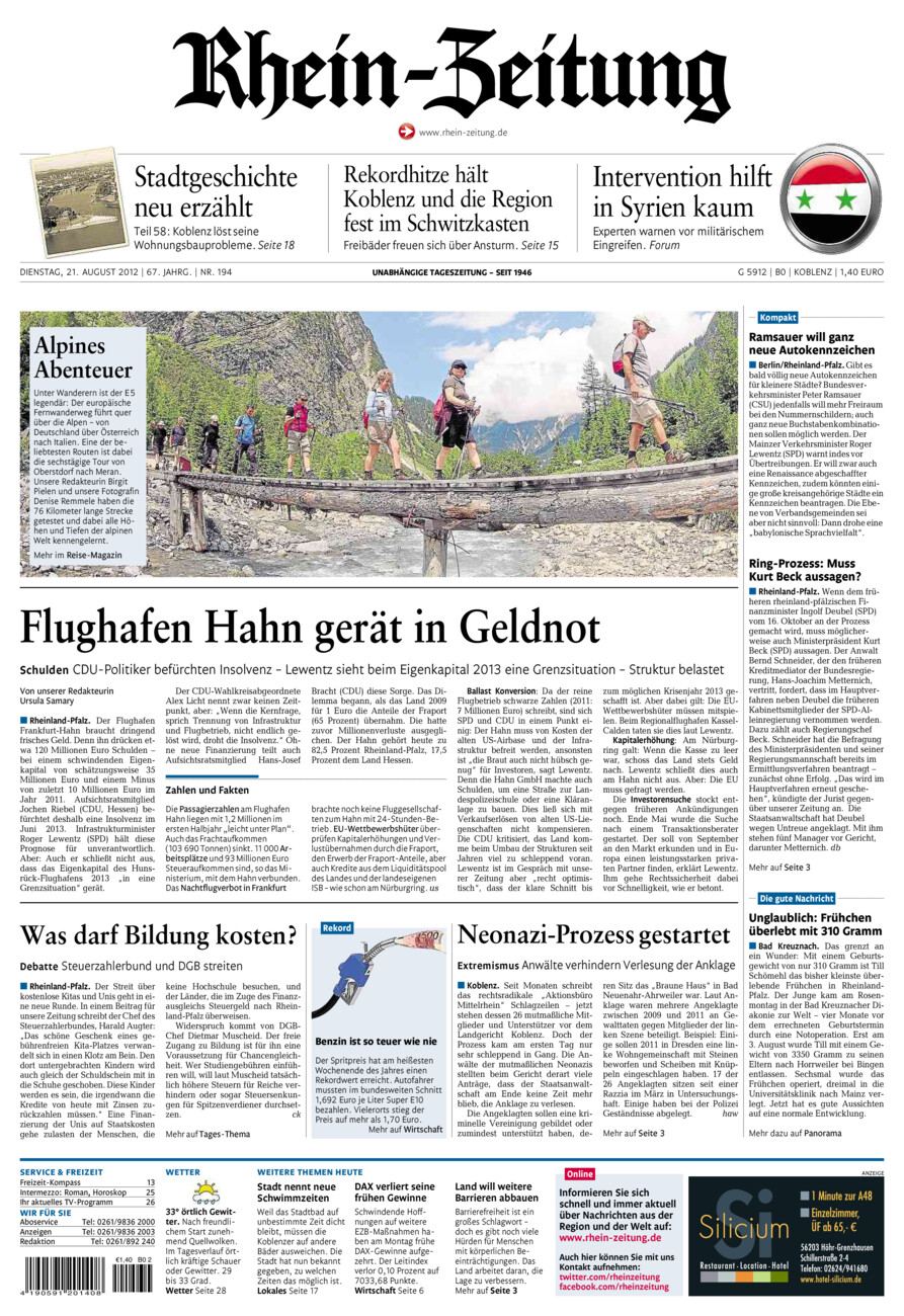 Rhein-Zeitung Koblenz & Region vom Dienstag, 21.08.2012