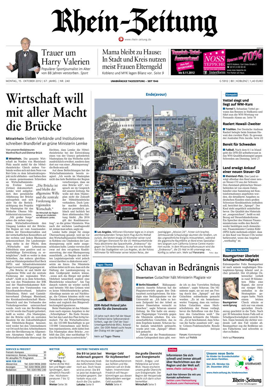 Rhein-Zeitung Koblenz & Region vom Montag, 15.10.2012