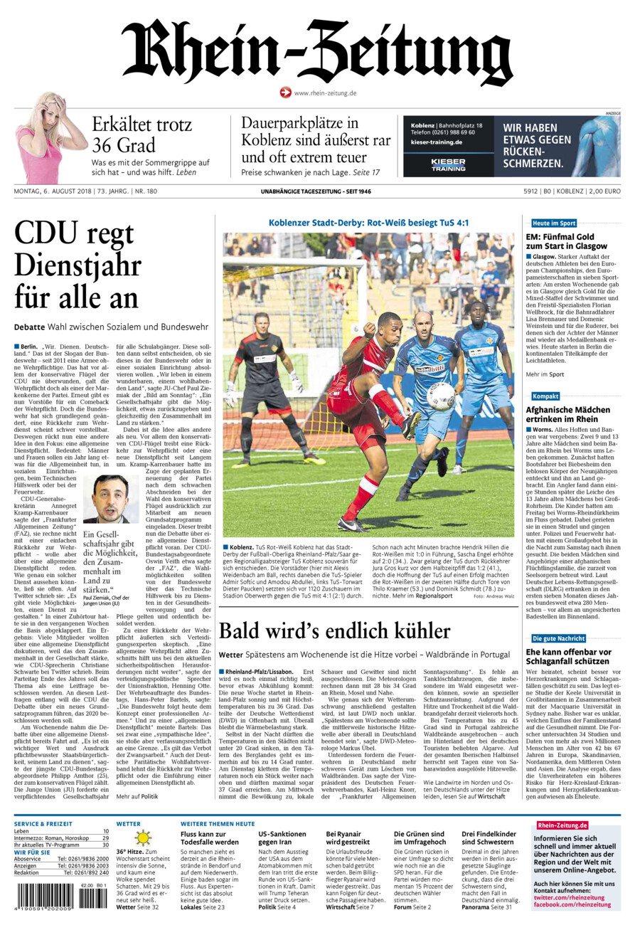 Rhein-Zeitung Koblenz & Region vom Montag, 06.08.2018