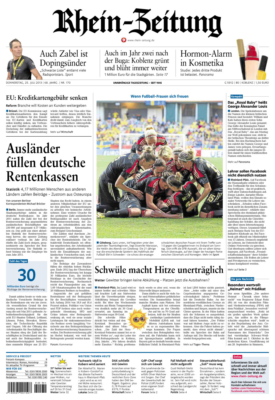 Rhein-Zeitung Koblenz & Region vom Donnerstag, 25.07.2013