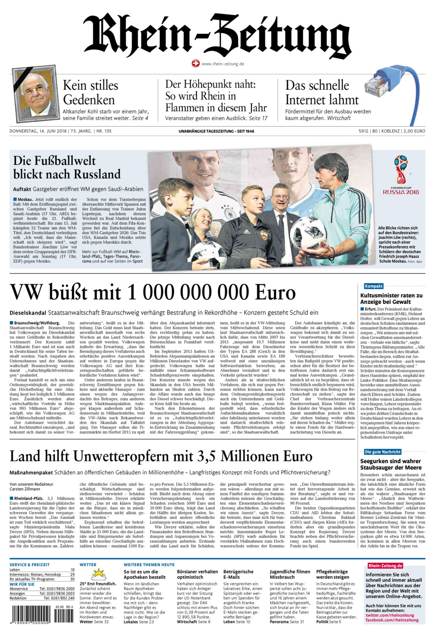 Rhein-Zeitung Koblenz & Region vom Donnerstag, 14.06.2018
