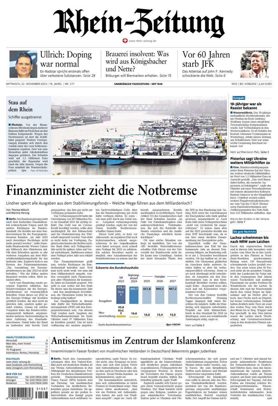 Rhein-Zeitung Koblenz & Region vom Mittwoch, 22.11.2023