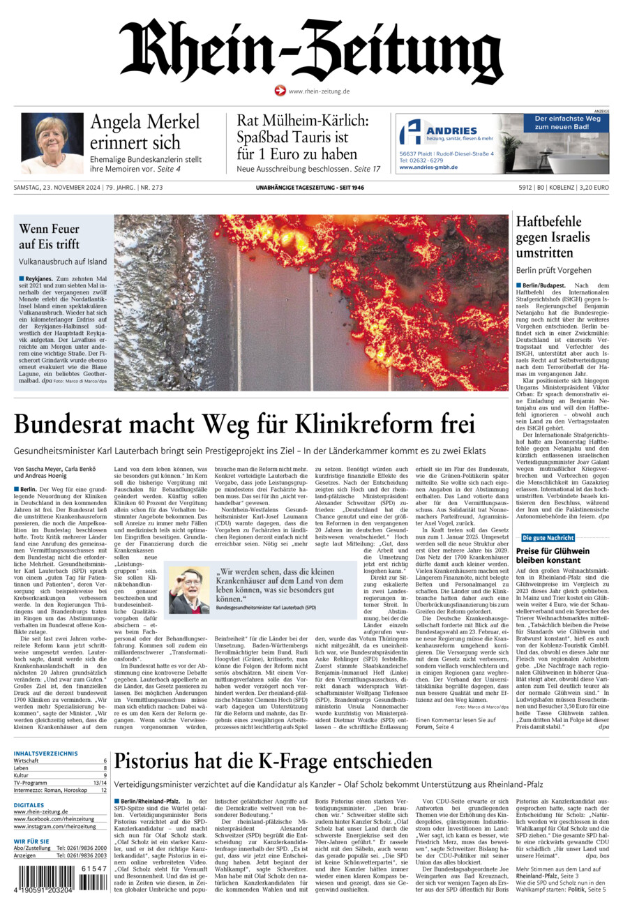 Rhein-Zeitung Koblenz & Region vom Samstag, 23.11.2024