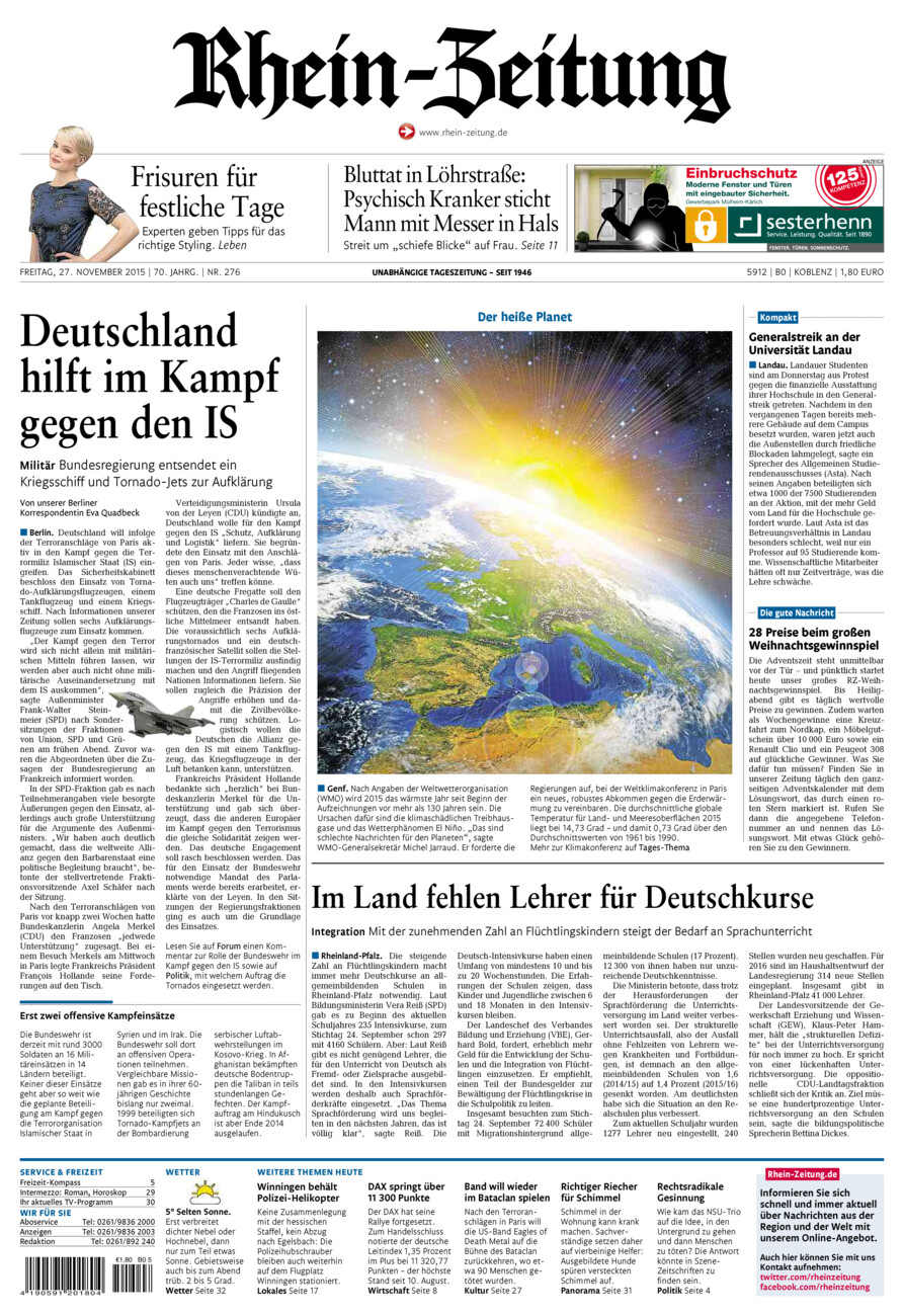 Rhein-Zeitung Koblenz & Region vom Freitag, 27.11.2015