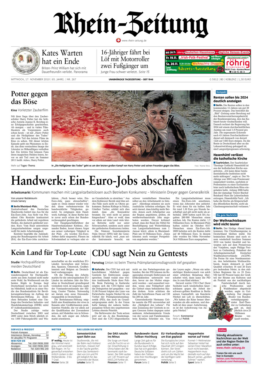 Rhein-Zeitung Koblenz & Region vom Mittwoch, 17.11.2010