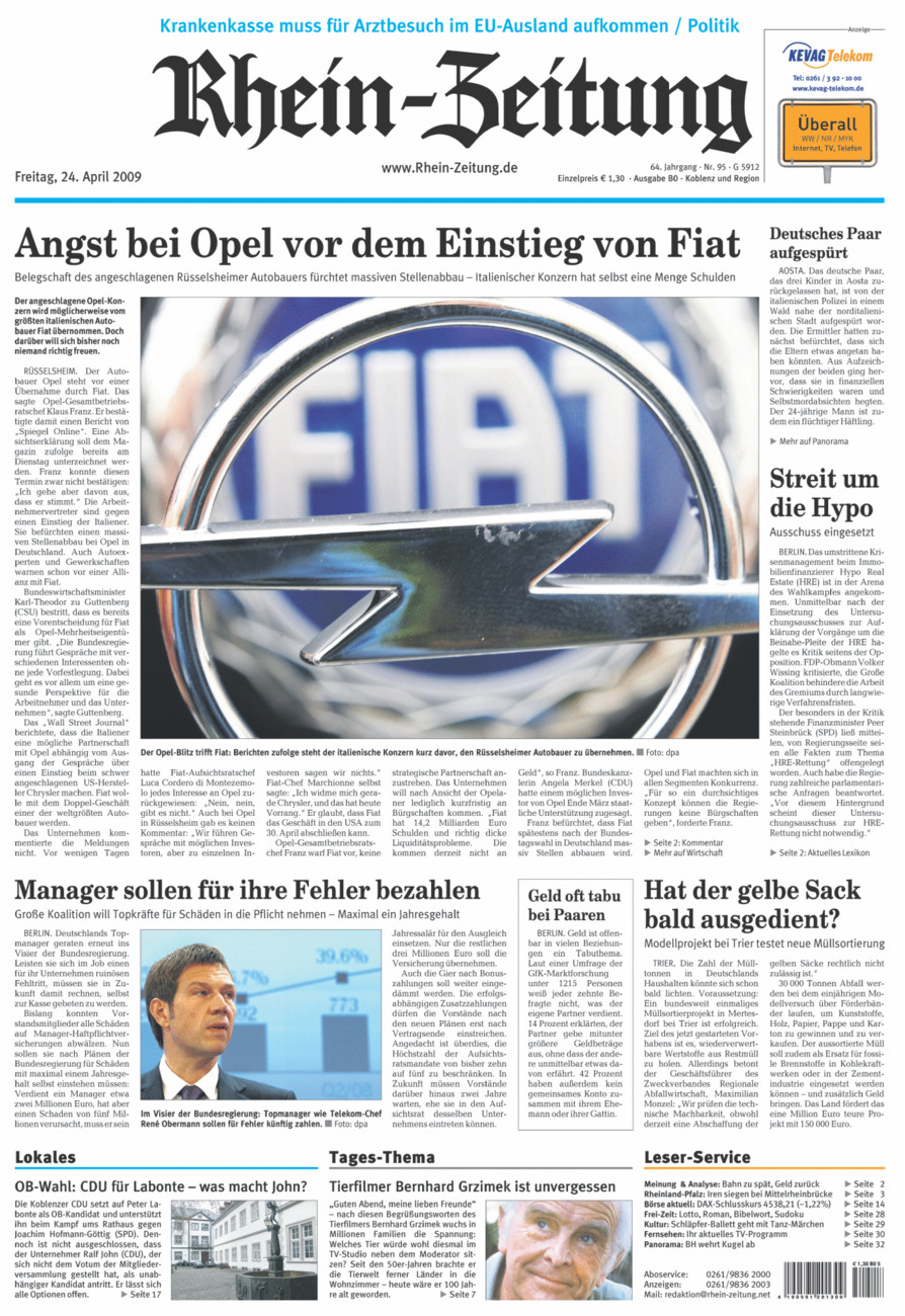 Rhein-Zeitung Koblenz & Region vom Freitag, 24.04.2009