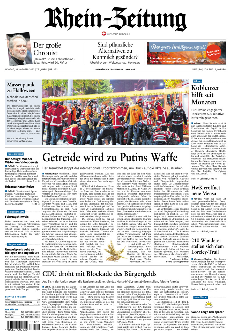 Rhein-Zeitung Koblenz & Region vom Montag, 31.10.2022
