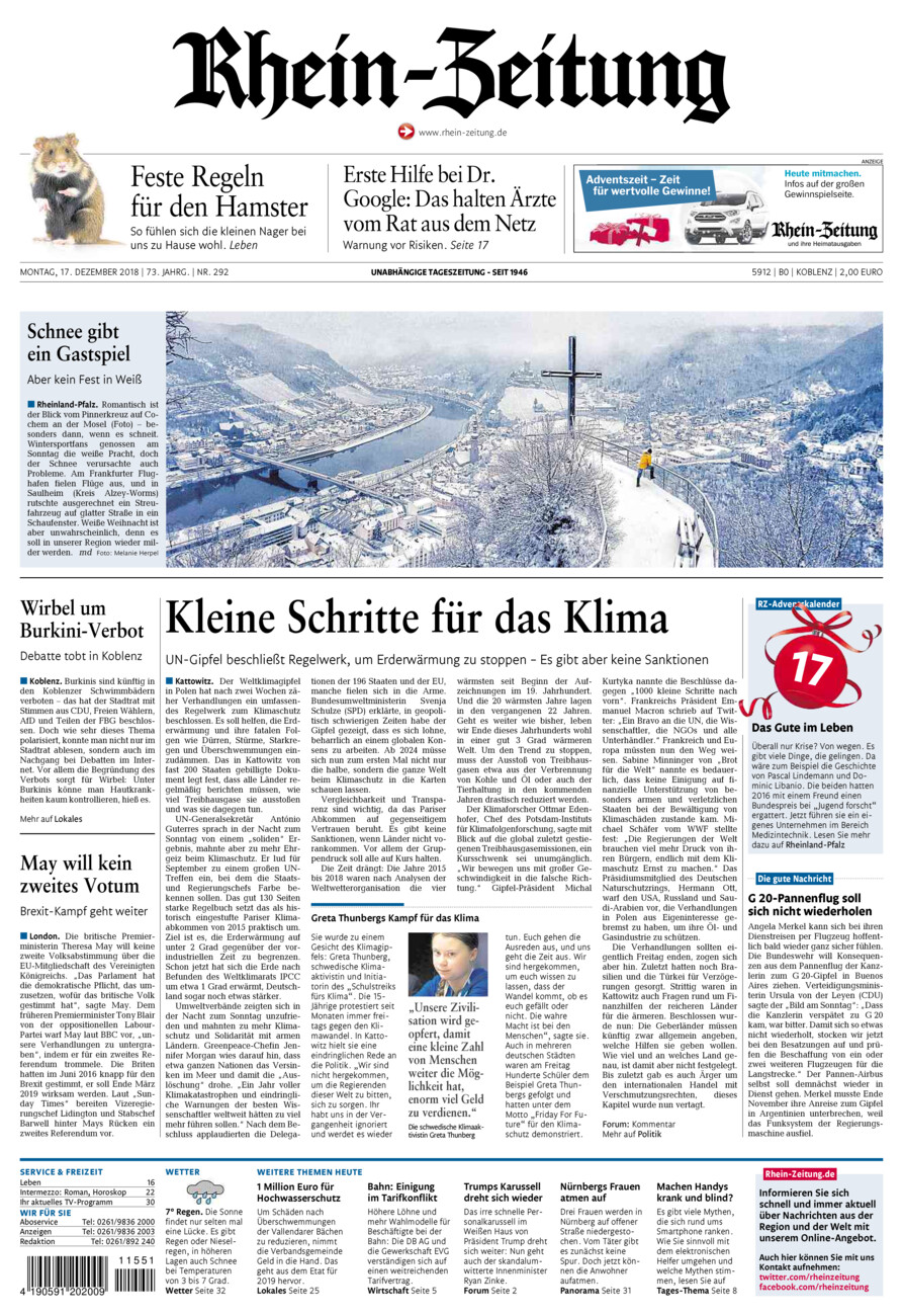 Rhein-Zeitung Koblenz & Region vom Montag, 17.12.2018
