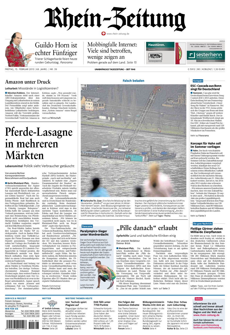 Rhein-Zeitung Koblenz & Region vom Freitag, 15.02.2013