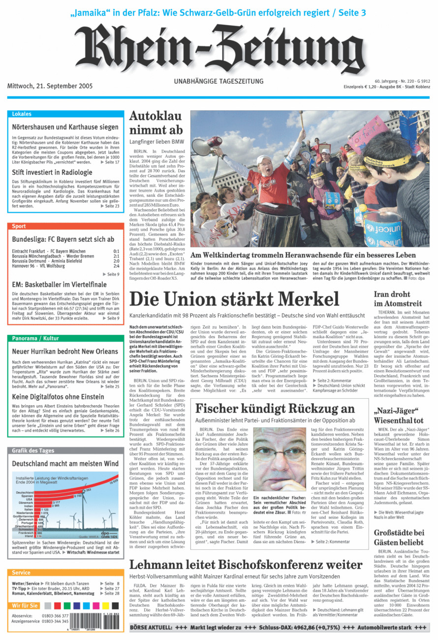 Rhein-Zeitung Koblenz & Region vom Mittwoch, 21.09.2005